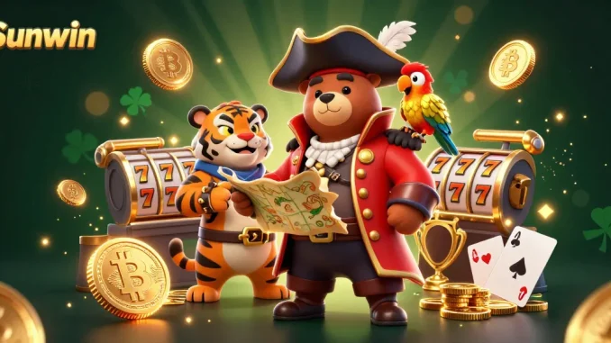 Join the thrilling journey with Sunwin's casino adventure featuring cartoon characters and eye-catching game elements.