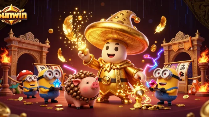 Experience exciting gameplay with Sunwin's golden wizard and treasure-hunting pig in this vibrant casino scene.