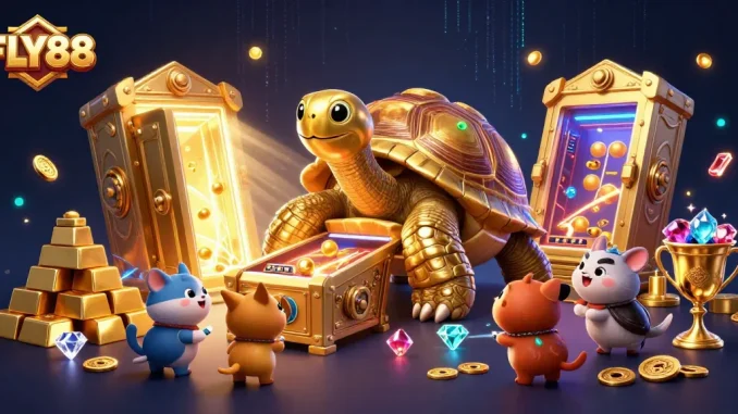 FLY88 casino adventure scene featuring golden tortoise pinball machine and treasure elements.