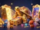 FLY88 casino adventure scene featuring golden tortoise pinball machine and treasure elements.
