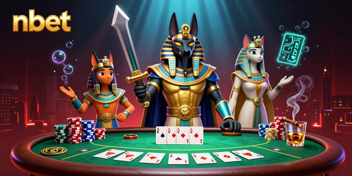 Experience nbet's thrilling poker scene with Anubis and Bastet amidst vibrant casino elements.