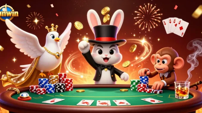 Experience the thrilling sunwin gaming scene with a magical rabbit, dove, and playful monkey in action.