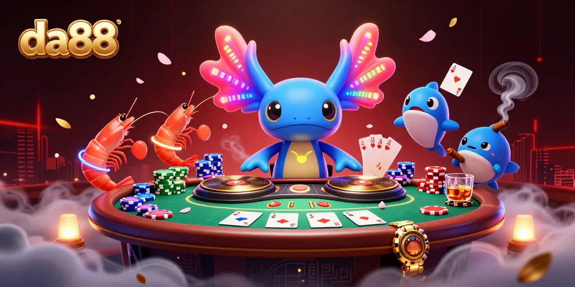 da88 players enjoy the vibrant casino scene featuring colorful cartoon characters and poker elements.