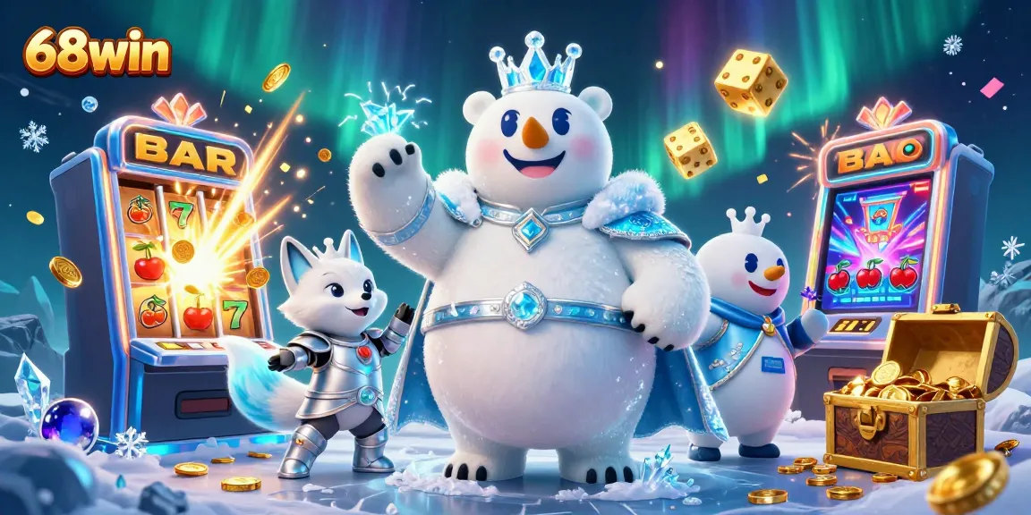 Experience big wins with 68win's vibrant casino scene filled with slot machines and festive elements.