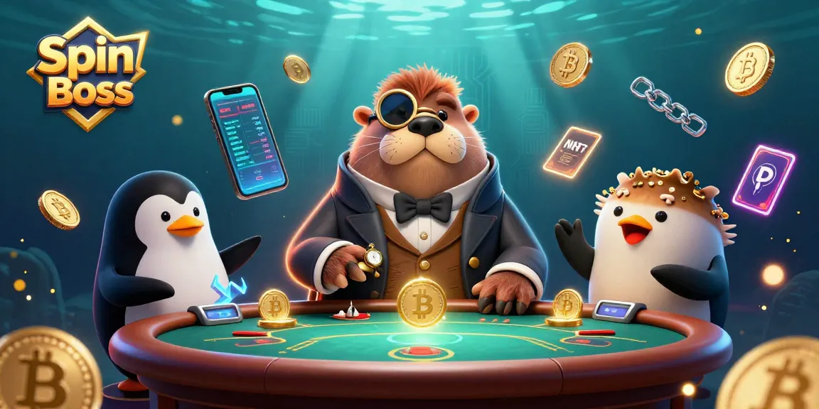 Spin Boss casino illustration showcases a jolly walrus, penguin dealer, and pufferfish playing cards.