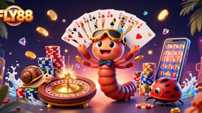 Experience the excitement of FLY88 with a vibrant 3D casino scene featuring colorful characters and dynamic gameplay.