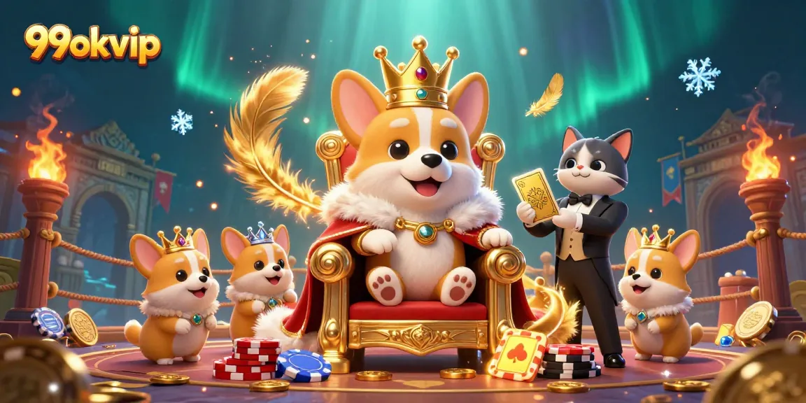Engage with the vibrant world of 99okvip featuring lively characters, golden casino elements, and a thriving gambling atmosphere.