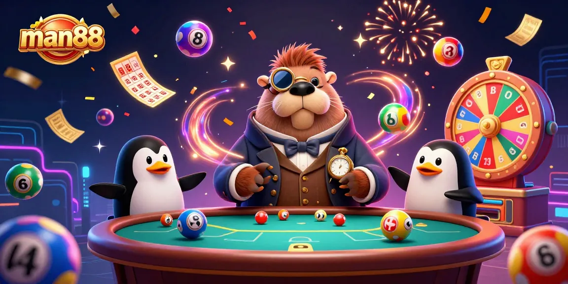 Experience the vibrant casino scene with man88 as the jolly walrus plays poker underwater, surrounded by lottery excitement.