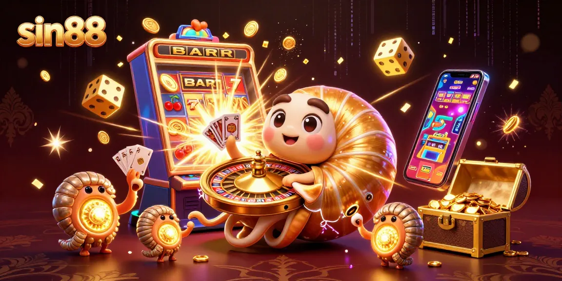 Spin for jackpots at sin88's vibrant casino with a nautilus roulette wheel and bursting slot machine.