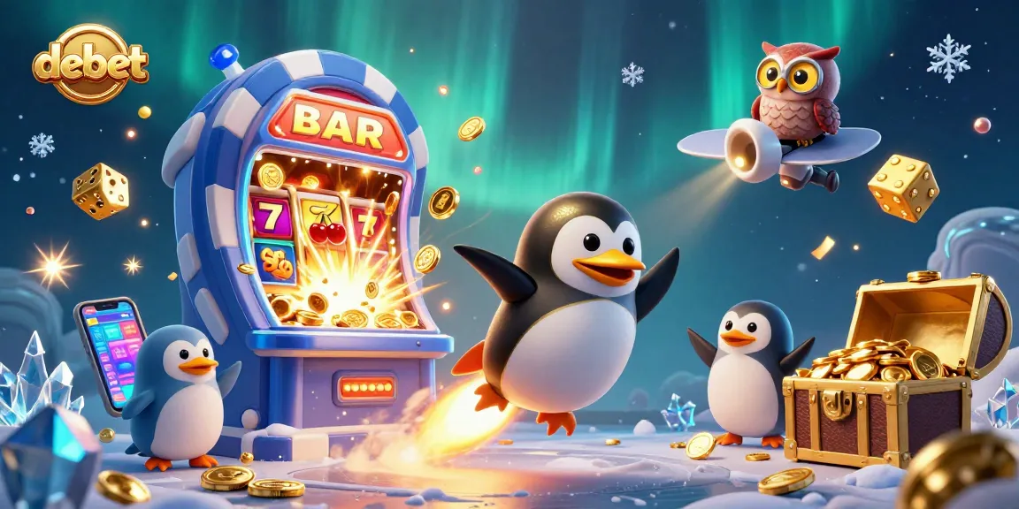Engage with debet’s thrilling online casino experience featuring a golden penguin and jackpot slot machine in action.