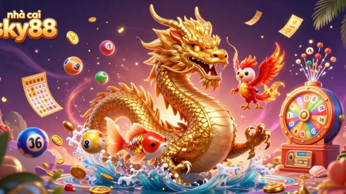 Engage with nhà cái sky88 in this vibrant casino-themed 3D illustration showcasing lucky symbols.
