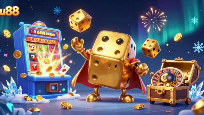Experience thrilling gameplay at Lu88, where golden dice and slot machines create an exciting casino atmosphere.