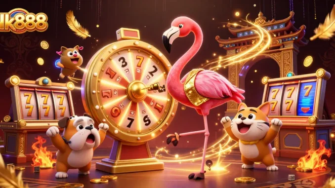 Engage in thrilling gameplay with Nk888 at a vibrant casino, featuring a flamingo host and excited bulldog contestant.