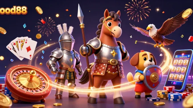 Experience fun with good88 as medieval characters celebrate in a vibrant casino scene.
