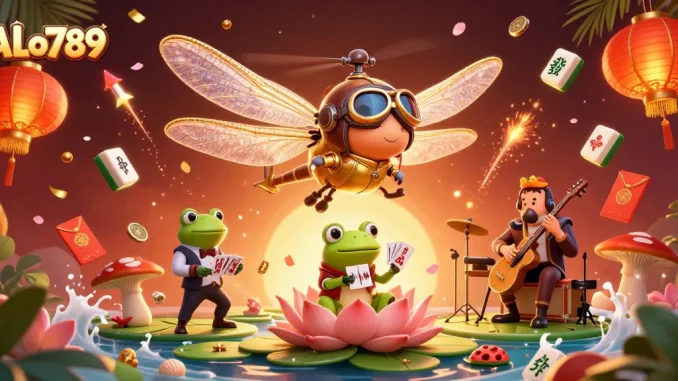 Join the excitement at ALo789 with a vibrant casino scene featuring a dragonfly pilot and frog dealer.