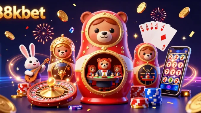 Experience the thrill of 88kbet with vibrant bears and sparkling casino elements in this rich 3D scene.
