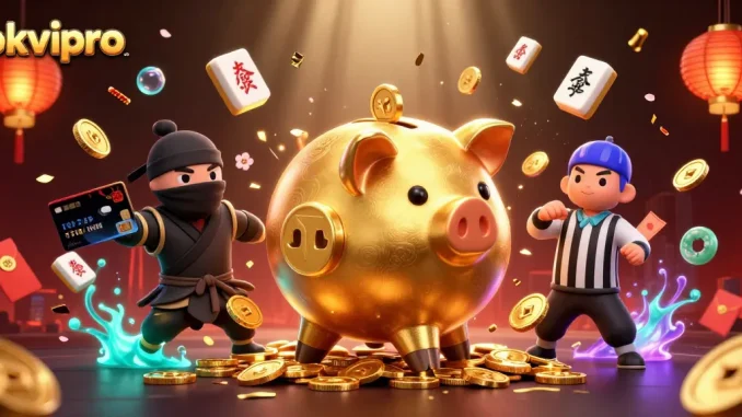 Engage in thrilling entertainment at okvipro with vibrant casino action featuring a dynamic golden piggy bank sumo wrestler.