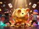Engage in thrilling entertainment at okvipro with vibrant casino action featuring a dynamic golden piggy bank sumo wrestler.