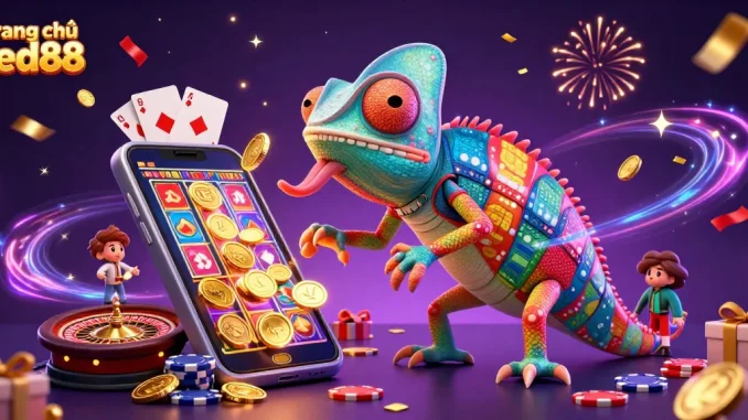 Experience excitement at trang chủ red88 with vibrant 3D casino illustrations featuring a colorful chameleon and slot games.