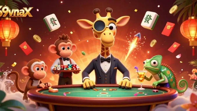 Win big at 69vnax with a whimsical giraffe gambler at a VIP poker table.