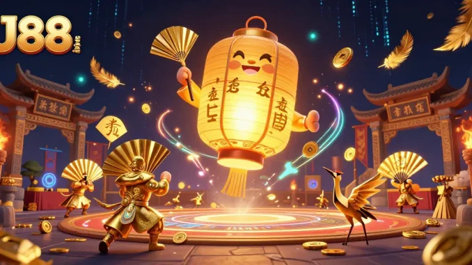 Experience the excitement of J88. com with vibrant casino-themed 3D illustration of lantern spirits and warriors.