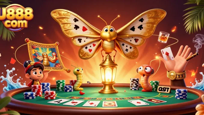 Bet on winning strategies at U888 com, featuring a vibrant 3D casino scene with poker elements.