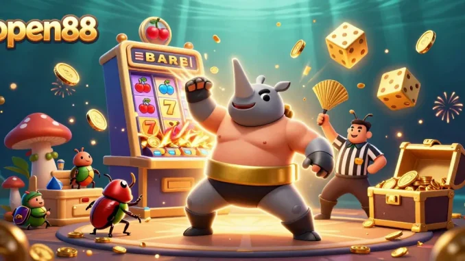 Engage in thrilling gameplay at open88 with a vibrant scene featuring sumo beetles and a jackpot explosion.