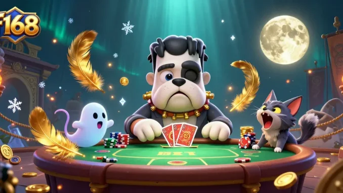 f168 poker gaming scene with a Frankenstein bulldog and a werewolf kitten dealing cards