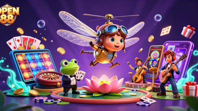 Experience the excitement of OPEN 88 with vibrant casino illustrations depicting gameplay and dynamic characters.