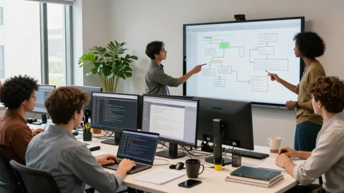 Build internal tools with AI in a collaborative tech workspace with diverse developers.