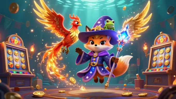 Kuwin invites players to experience thrilling slot adventures with a mystical wizard fox in a vibrant casino scene