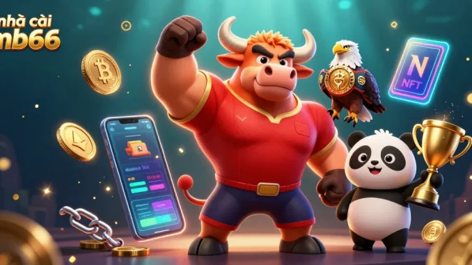 Engage with nhà cái mb66 at the vibrant casino scene showcasing celebration, trophies, and crypto elements.