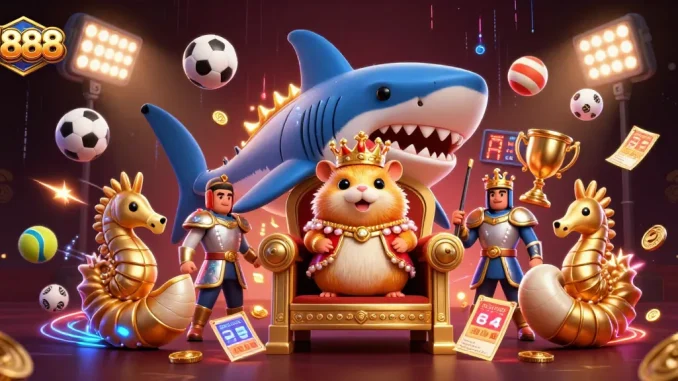 Experience J888 with dynamic sports betting and festive golden elements in a vibrant 3D scene.