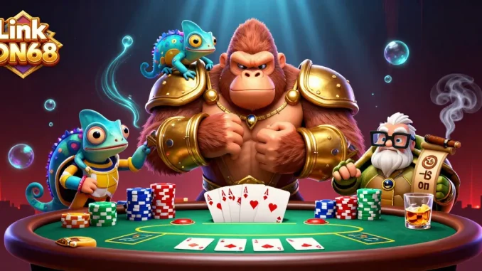 Experience vibrant gambling action with Link ON68 amidst colorful casino elements and iconic characters.