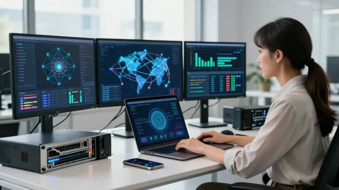 快连网络加速解决方案的工程师在现代办公室分析全球服务器连接，展示实时性能指标。