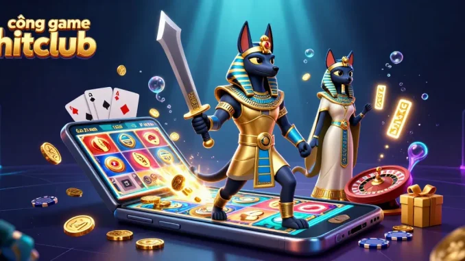 Experience the thrill of cổng game hitclub with Anubis and Bastet in a dynamic casino scene.